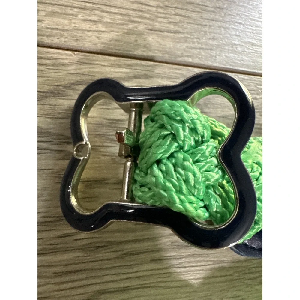 Green Braided Rope Belt Navy Blue Enamel Quatrefoil Buckle Preppy Nautical 31in